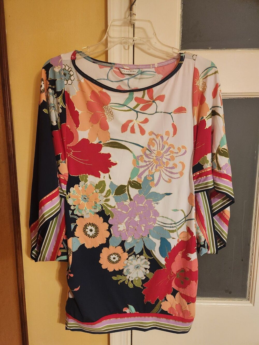 Trina Turk Botanical Floral Tunic 3/4 Dolman Sleeves Size S